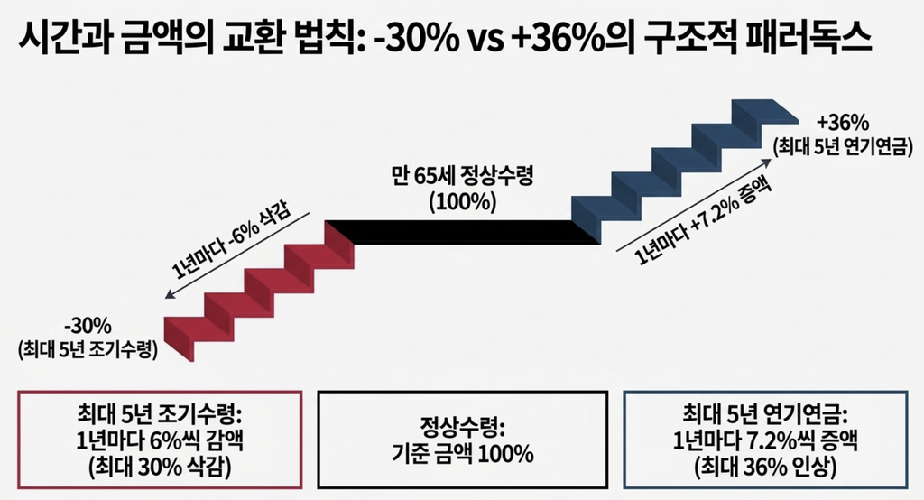국민연금 조기수령 최대 30% 감액과 연기연금 최대 36% 증액 비교