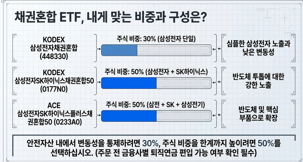 삼성전자 30% 채권혼합 ETF와 삼성전자·SK하이닉스 등을 50% 담는 채권혼합 ETF의 주식 비중을 비교한 그림