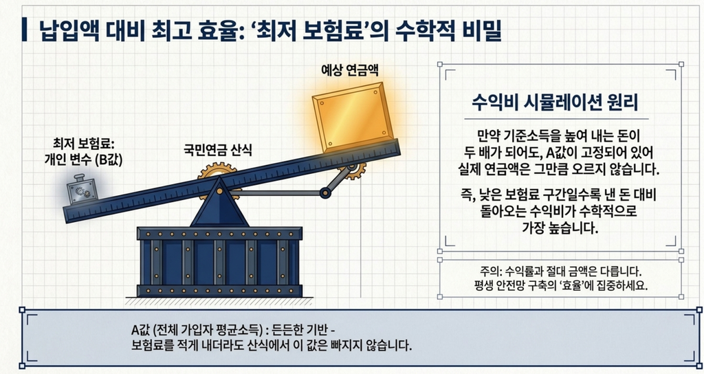 국민연금 산식에 전체 가입자 평균소득 A값과 개인 평균소득 B값이 함께 반영되는 구조를 저울로 표현한 그림