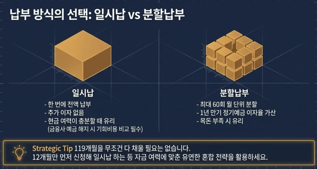국민연금 추납 일시납과 최대 60회 분할납부의 이자 및 현금 부담 비교