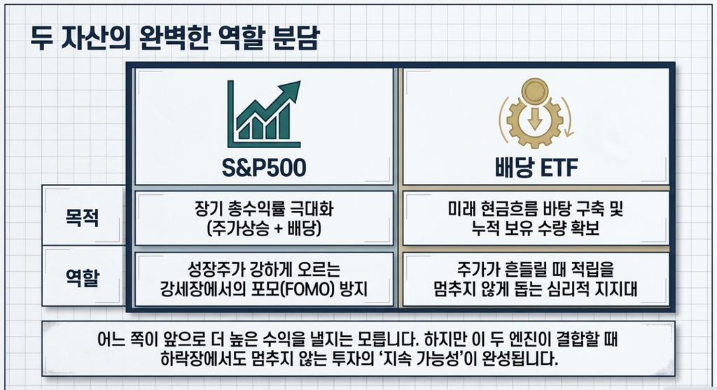 S&P500은 장기 총수익, 배당 ETF는 미래 현금흐름과 투자 지속을 맡는 역할로 비교한 그림