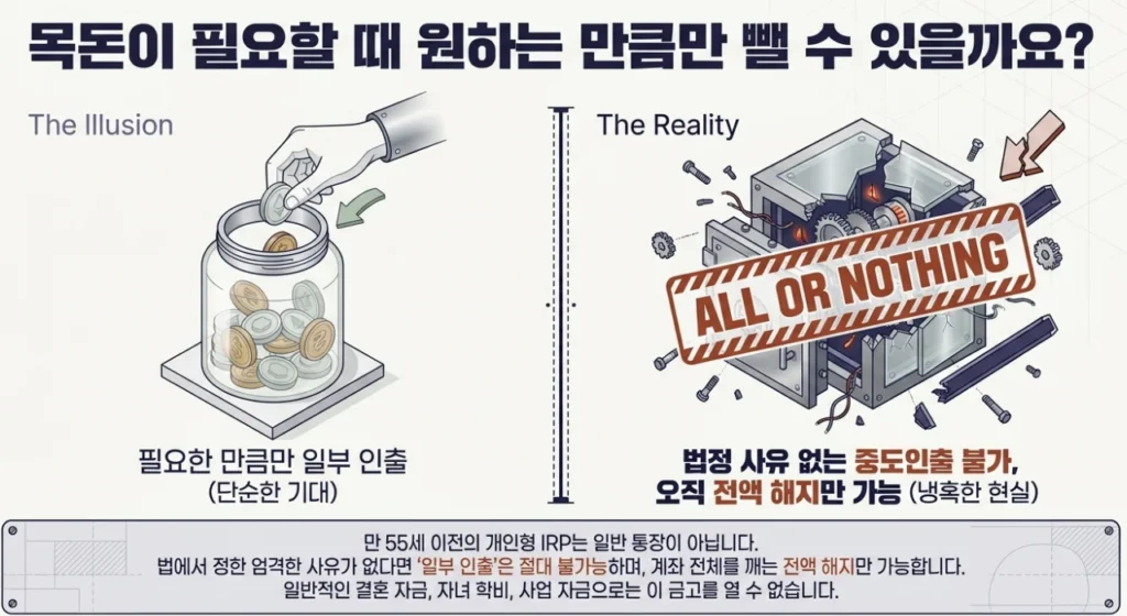 IRP 중도인출은 만 55세 전에 법정 사유가 있어야 일부 인출할 수 있음을 설명하는 그림