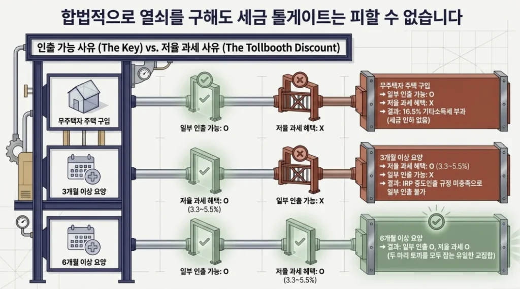IRP 중도인출 가능 여부와 세법상 연금수령 인정 여부를 주택 구입, 3개월 요양, 6개월 요양 사례로 비교한 그림