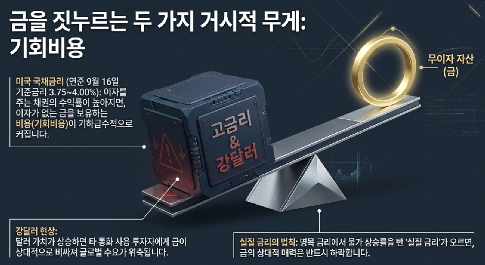 고금리와 강달러가 무이자 자산인 금의 기회비용과 수요를 압박하는 구조를 나타낸 저울 도표