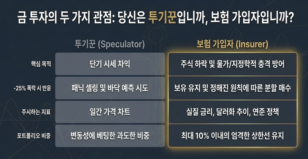 금 투자자를 단기 시세 차익 관점과 포트폴리오 보험 관점으로 비교한 표